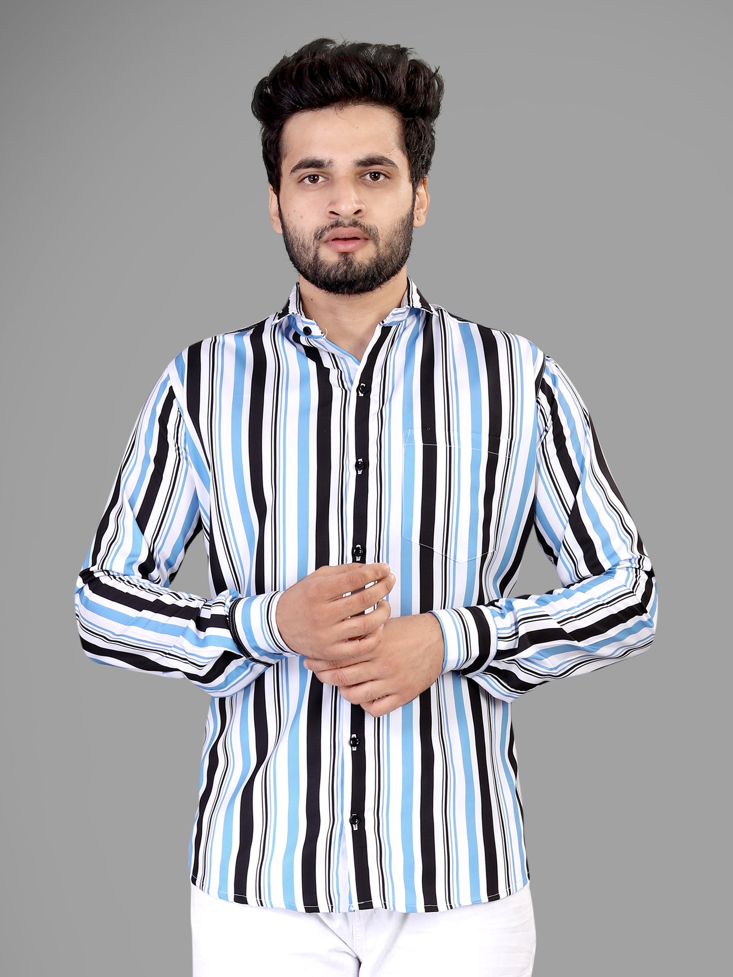 White and Blue and Black Cotton Blend Lining Print Casual Shirt