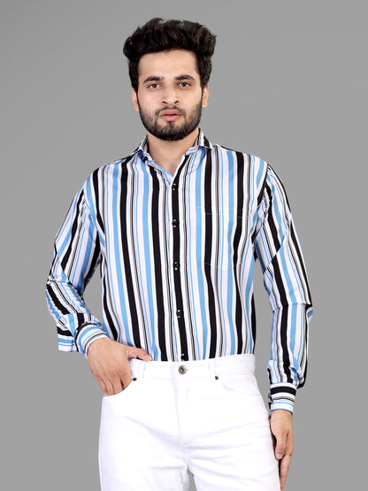 White and Blue and Black Cotton Blend Lining Print Casual Shirt