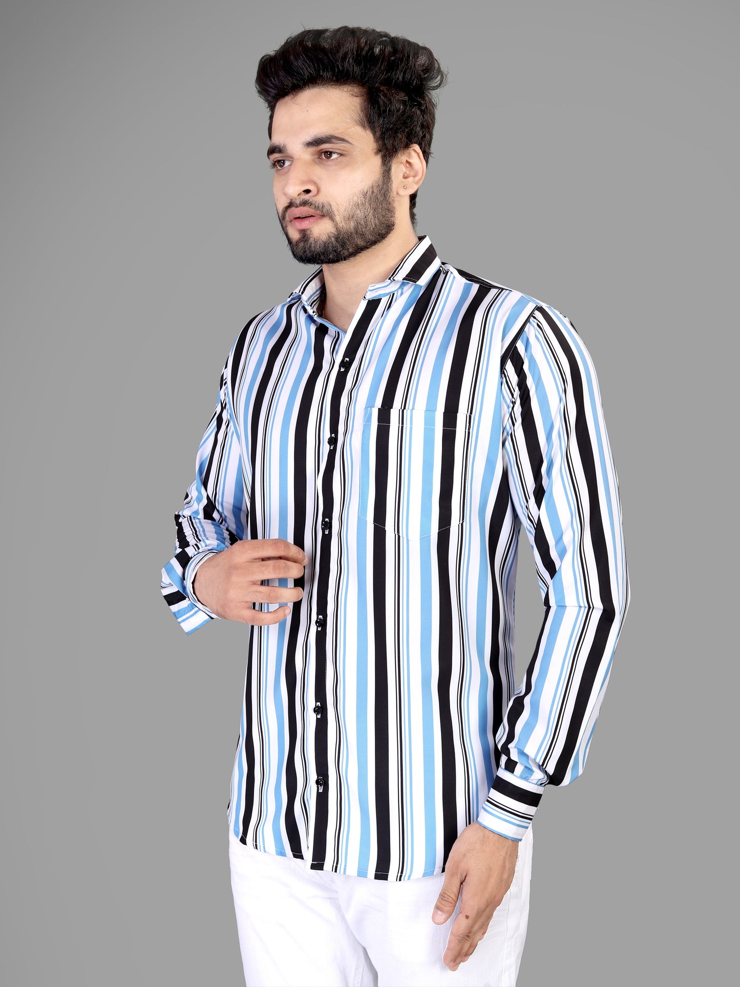 White and Blue and Black Cotton Blend Lining Print Casual Shirt