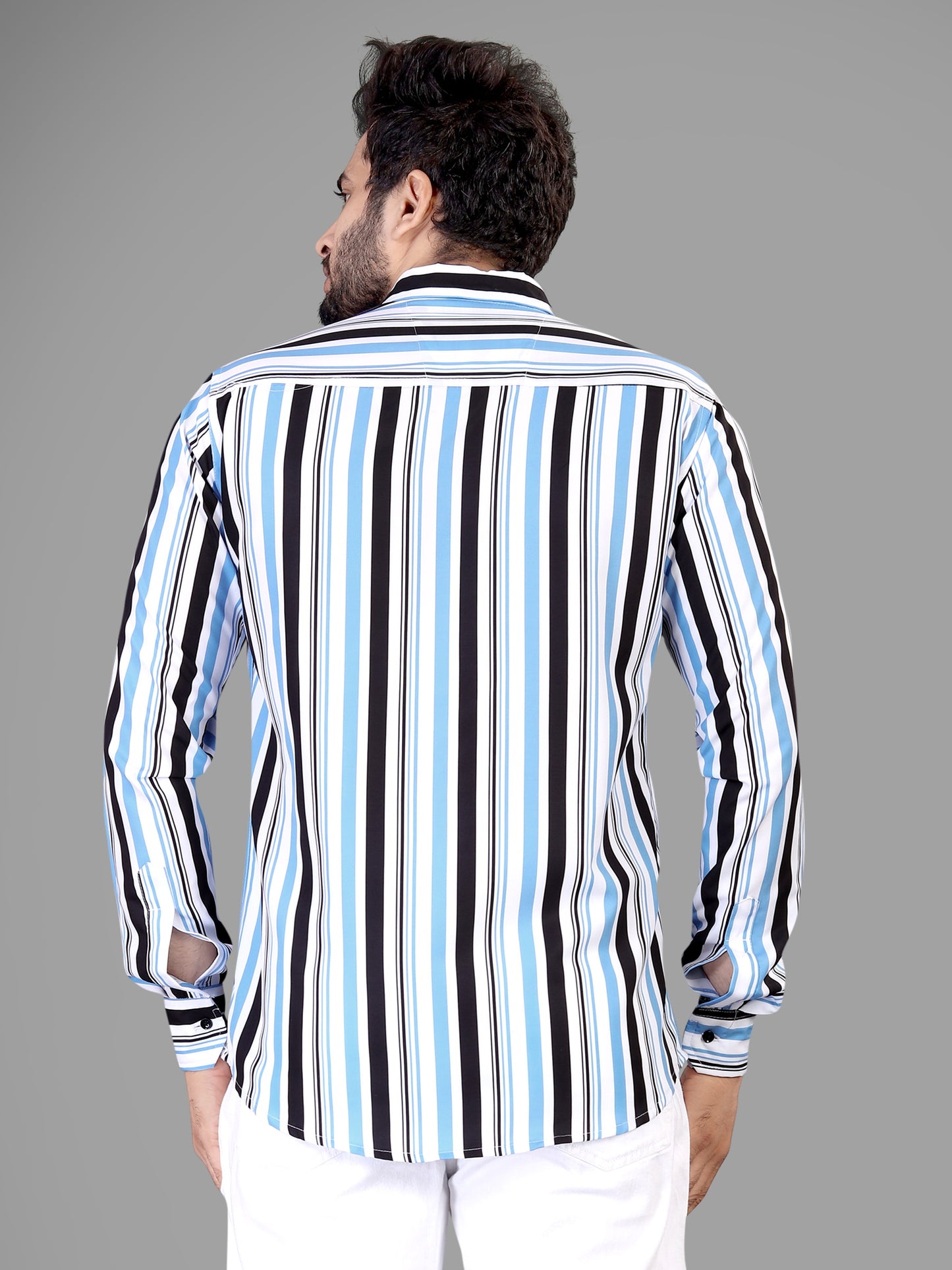 White and Blue and Black Cotton Blend Lining Print Casual Shirt