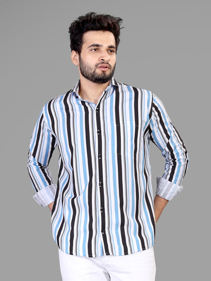 White and Blue and Black Cotton Blend Lining Print Casual Shirt