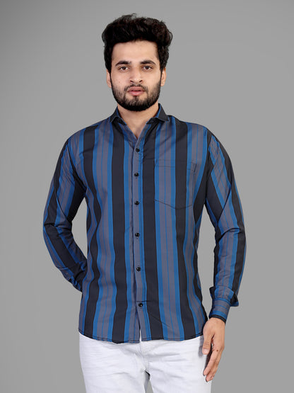 Black and Blue and Grey Cotton Blend Lining Print Casual Shirt