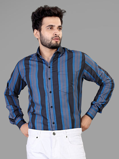 Black and Blue and Grey Cotton Blend Lining Print Casual Shirt