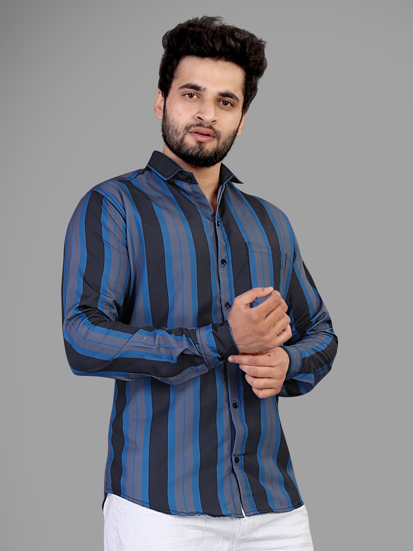 Black and Blue and Grey Cotton Blend Lining Print Casual Shirt