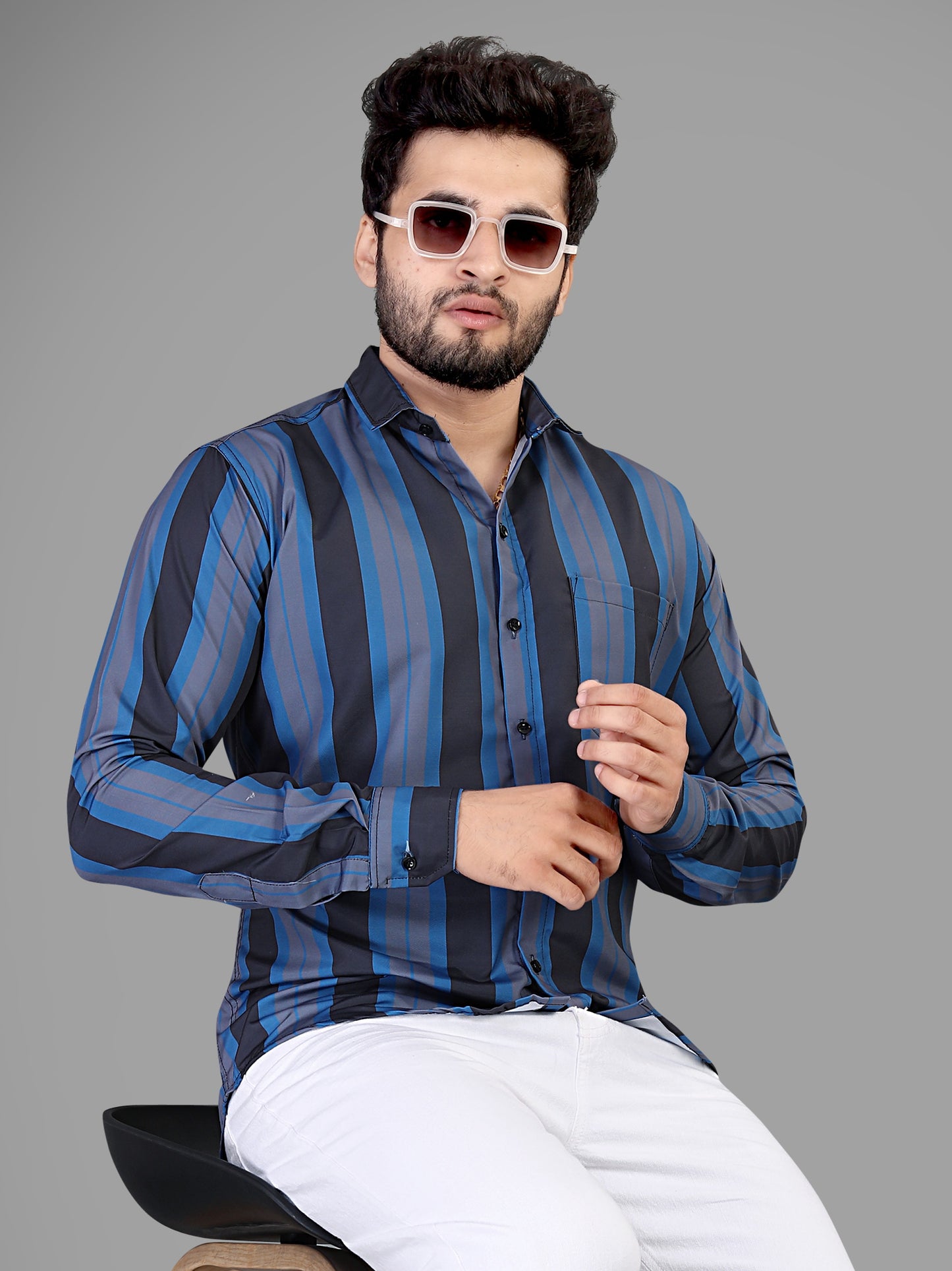 Black and Blue and Grey Cotton Blend Lining Print Casual Shirt