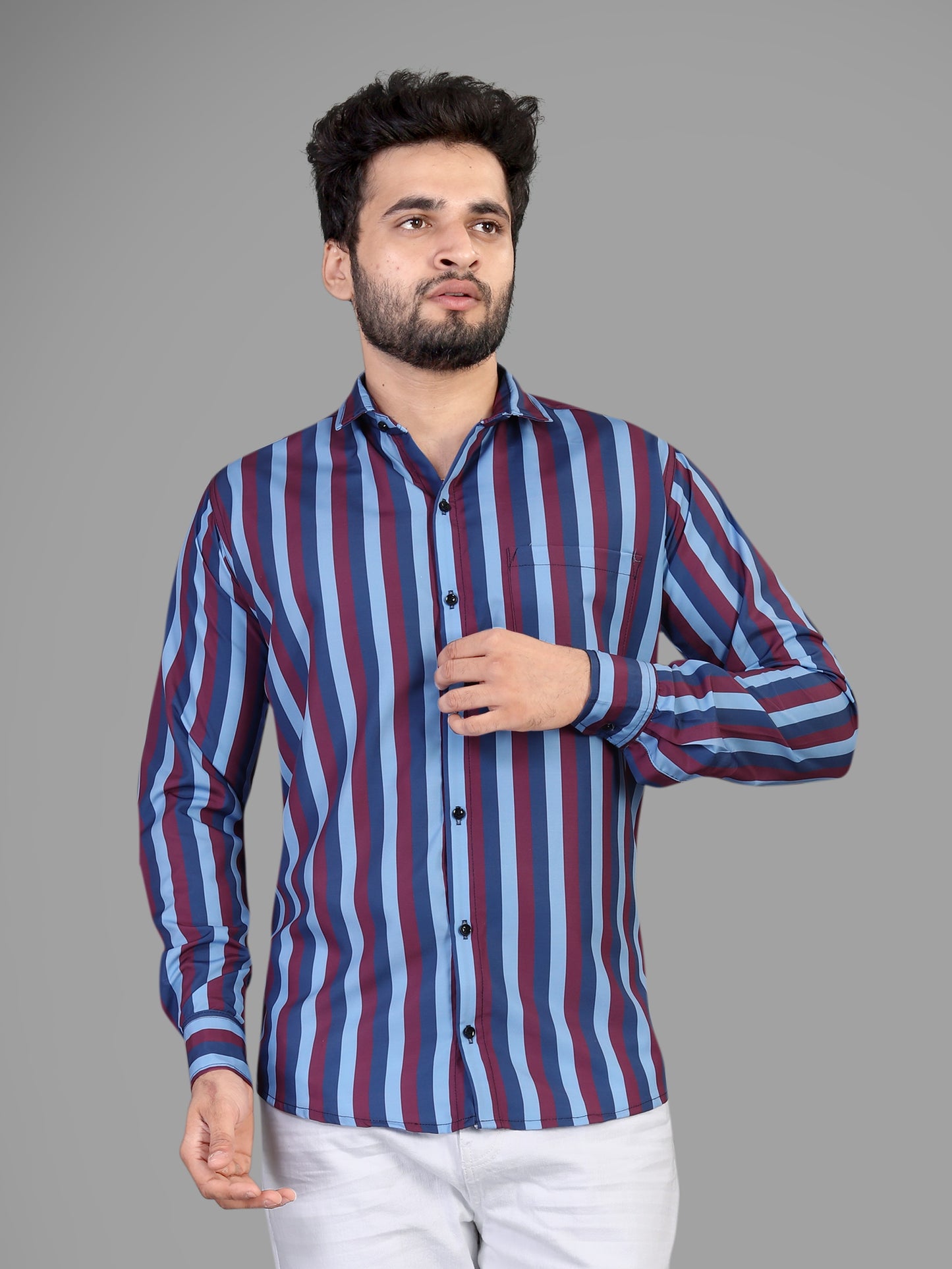 Maroon and Blue Cotton Blend Lining Print Casual Shirt