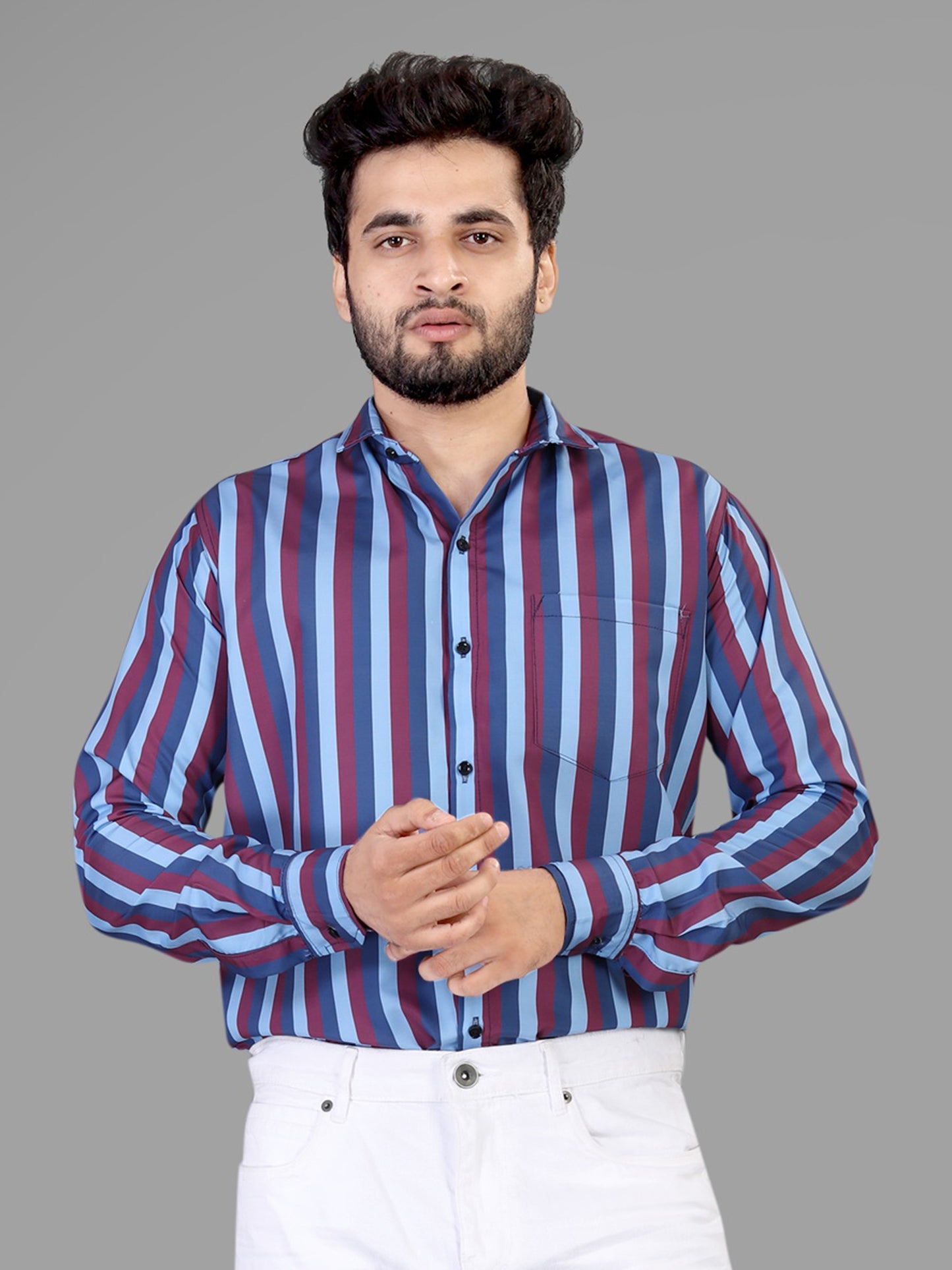 Maroon and Blue Cotton Blend Lining Print Casual Shirt