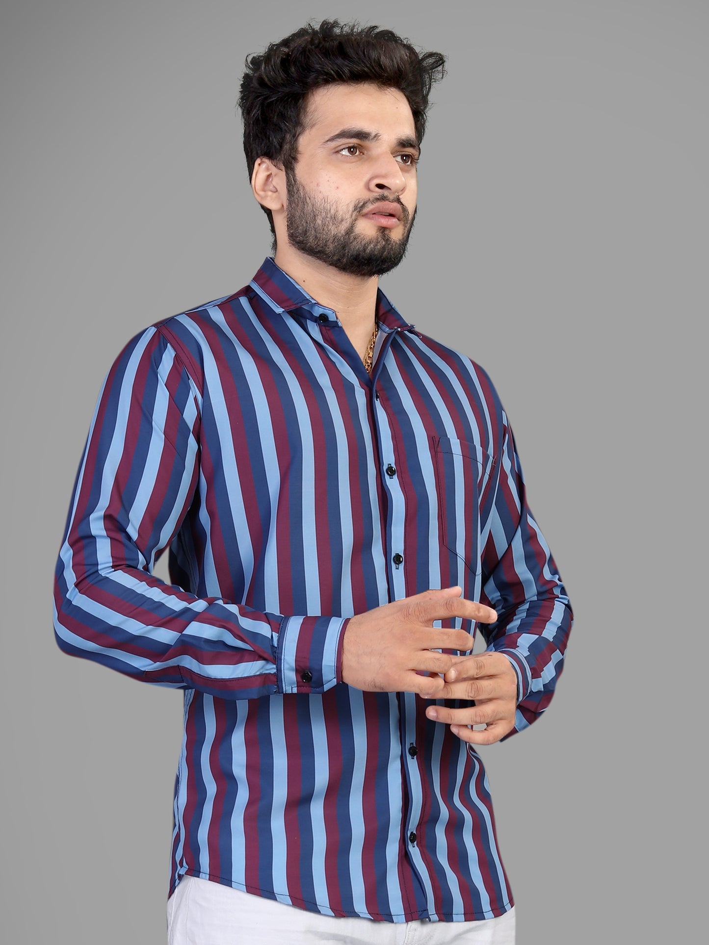 Maroon and Blue Cotton Blend Lining Print Casual Shirt