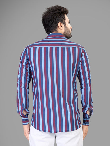 Maroon and Blue Cotton Blend Lining Print Casual Shirt