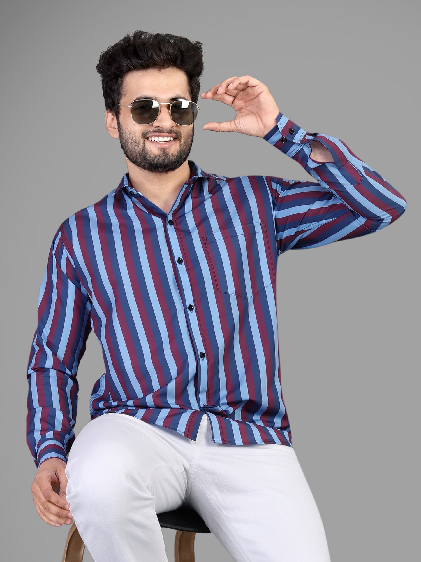 Maroon and Blue Cotton Blend Lining Print Casual Shirt