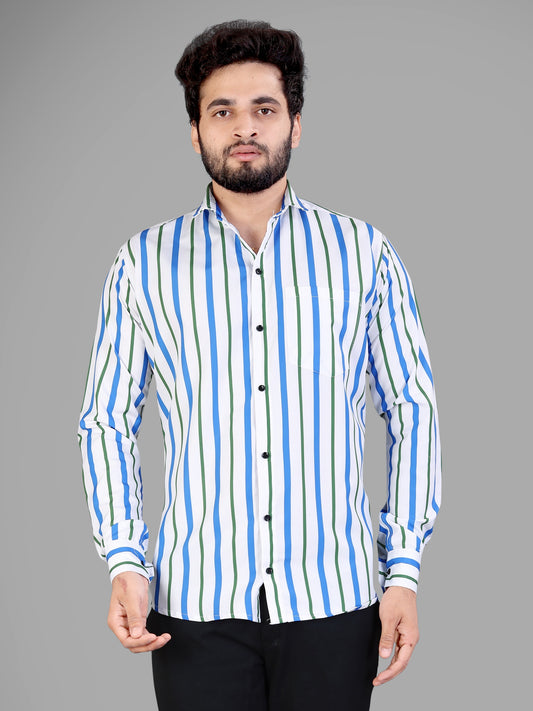 White and Blue and Green Cotton Blend Lining Print Casual Shirt