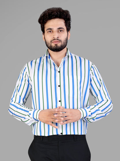 White and Blue and Green Cotton Blend Lining Print Casual Shirt