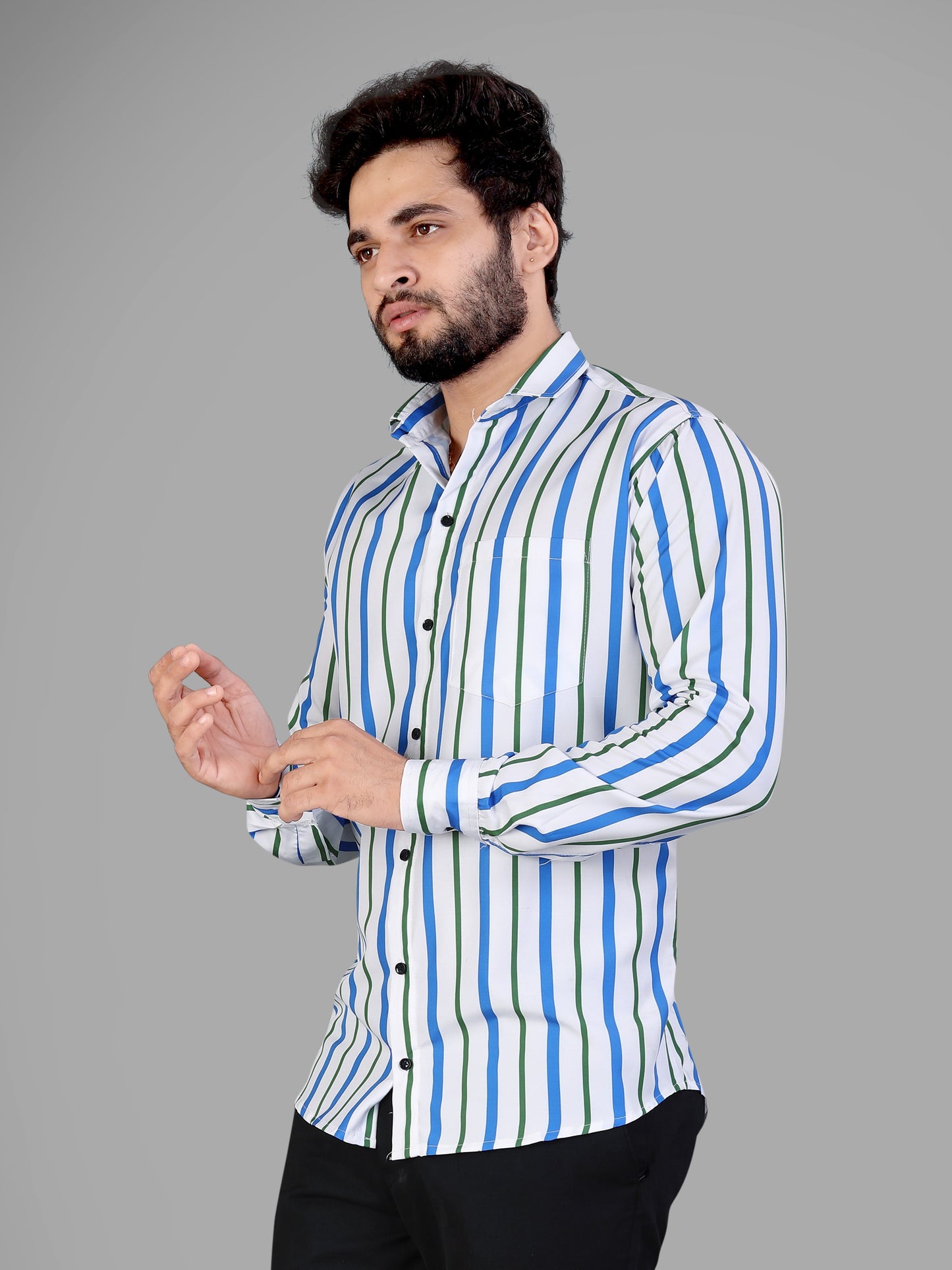 White and Blue and Green Cotton Blend Lining Print Casual Shirt