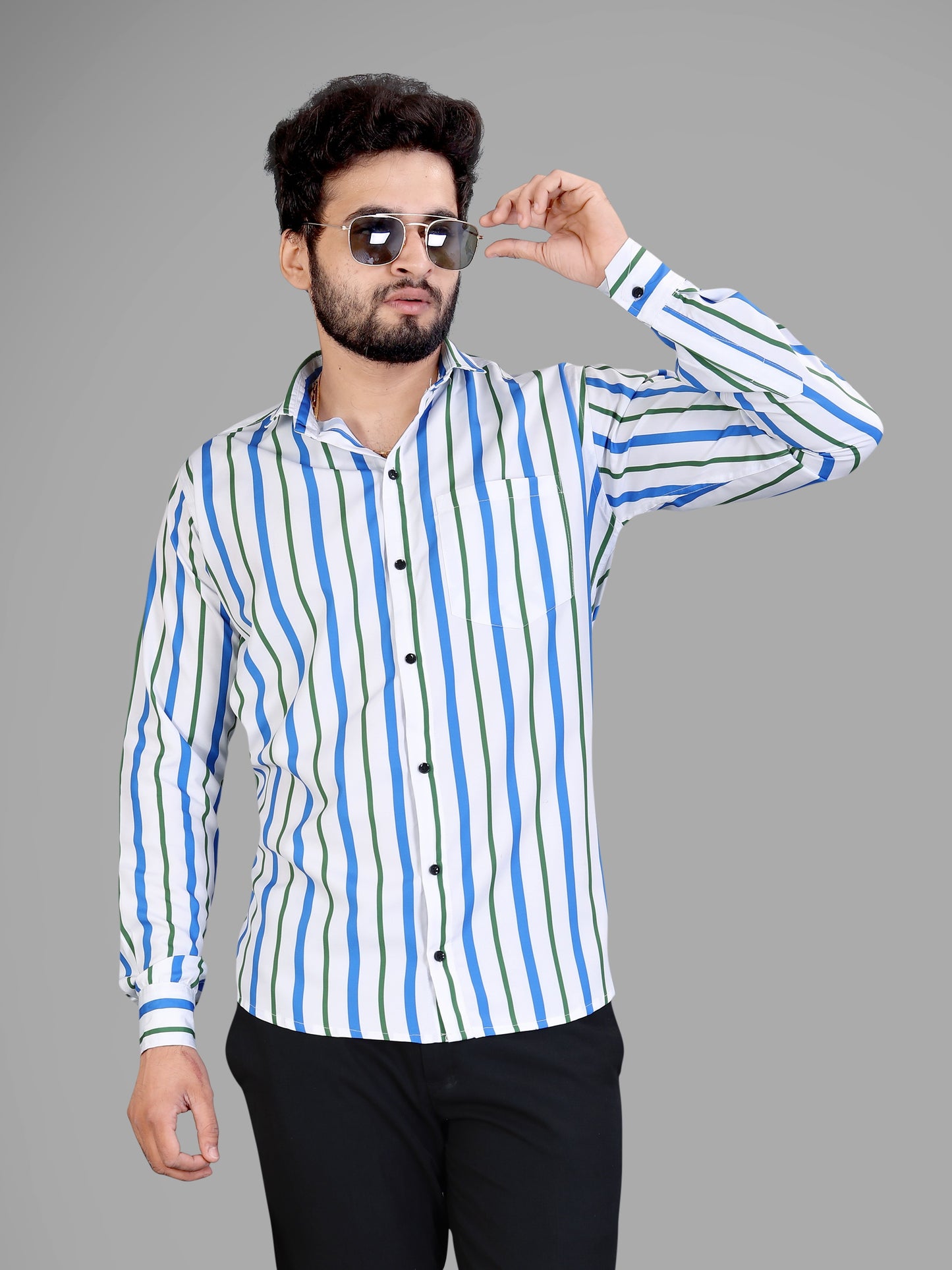 White and Blue and Green Cotton Blend Lining Print Casual Shirt