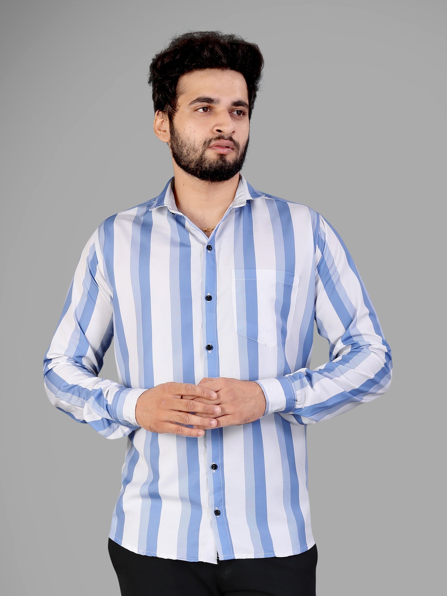 White and Light Blue Cotton Blend Lining Print Casual Shirt