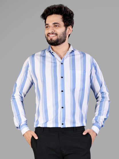 White and Light Blue Cotton Blend Lining Print Casual Shirt