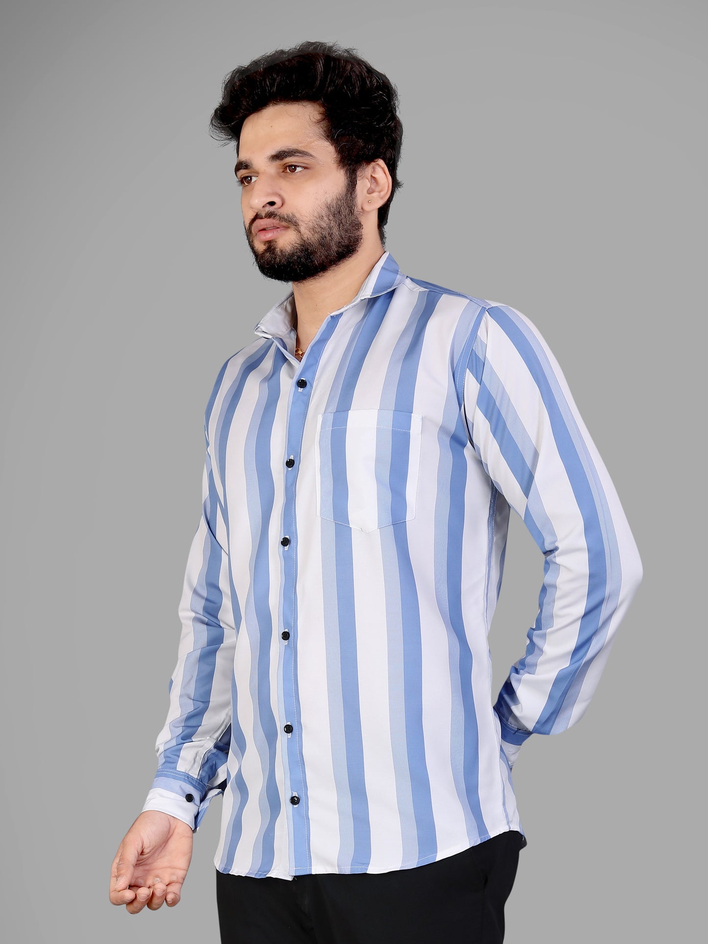 White and Light Blue Cotton Blend Lining Print Casual Shirt