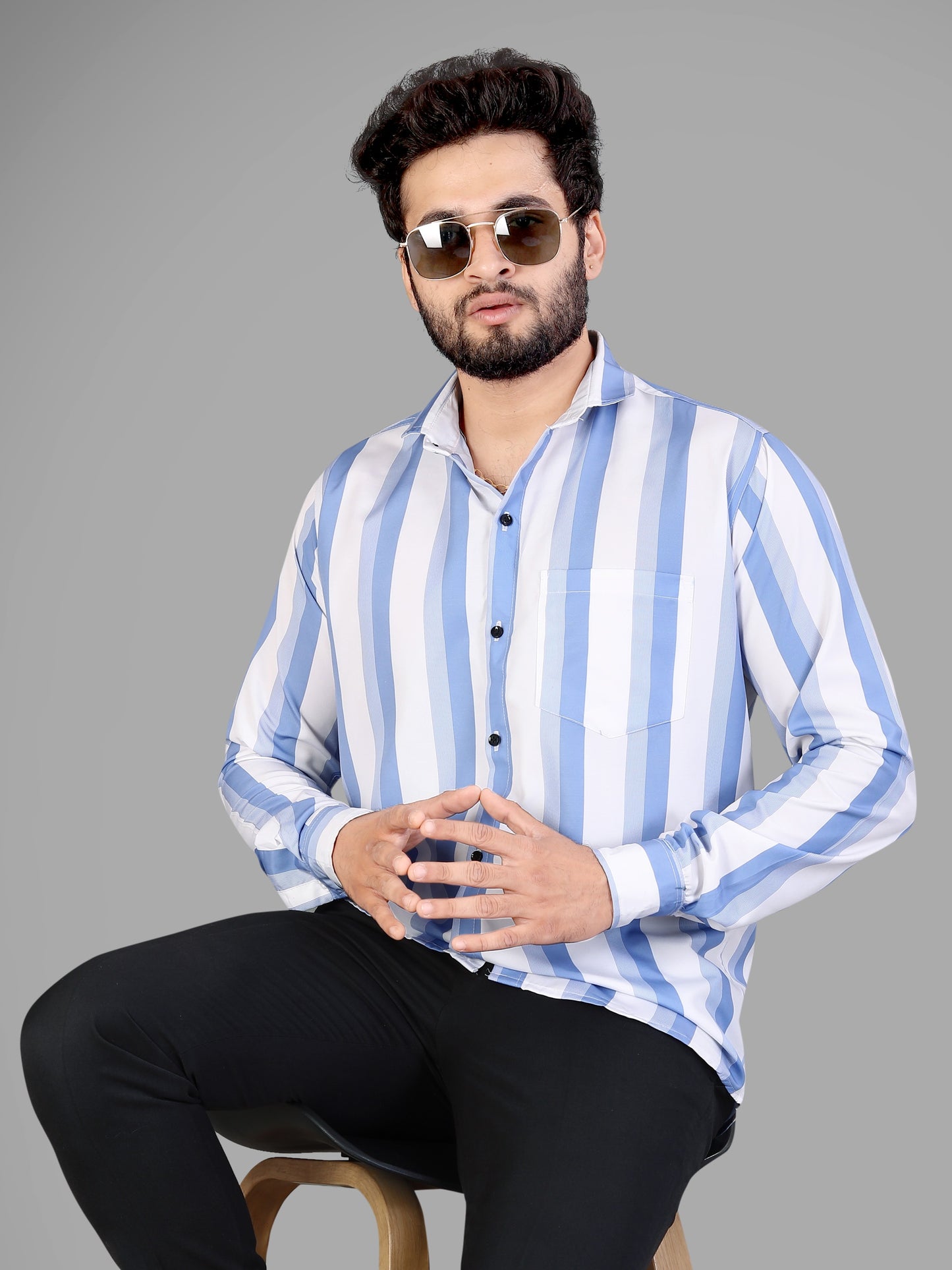 White and Light Blue Cotton Blend Lining Print Casual Shirt