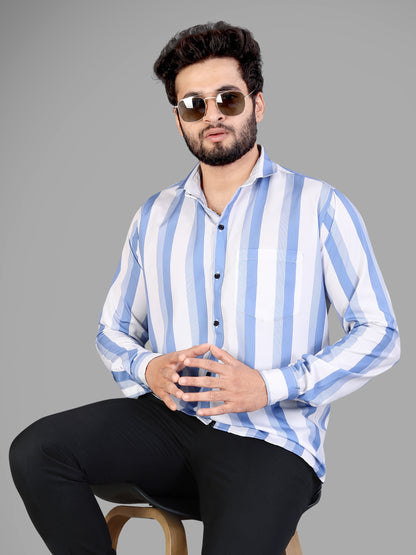 White and Light Blue Cotton Blend Lining Print Casual Shirt