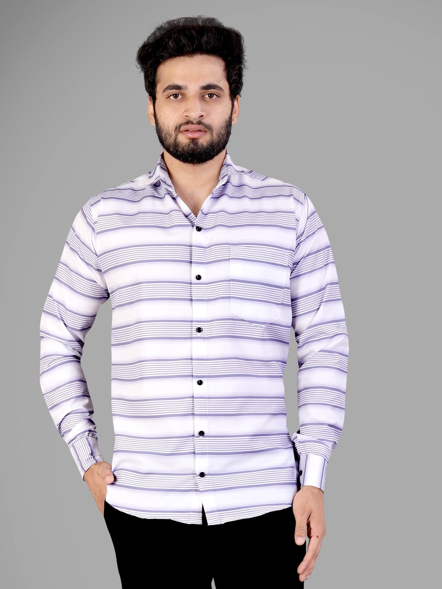 White and Lavender Cotton Blend Lining Print Casual Shirt