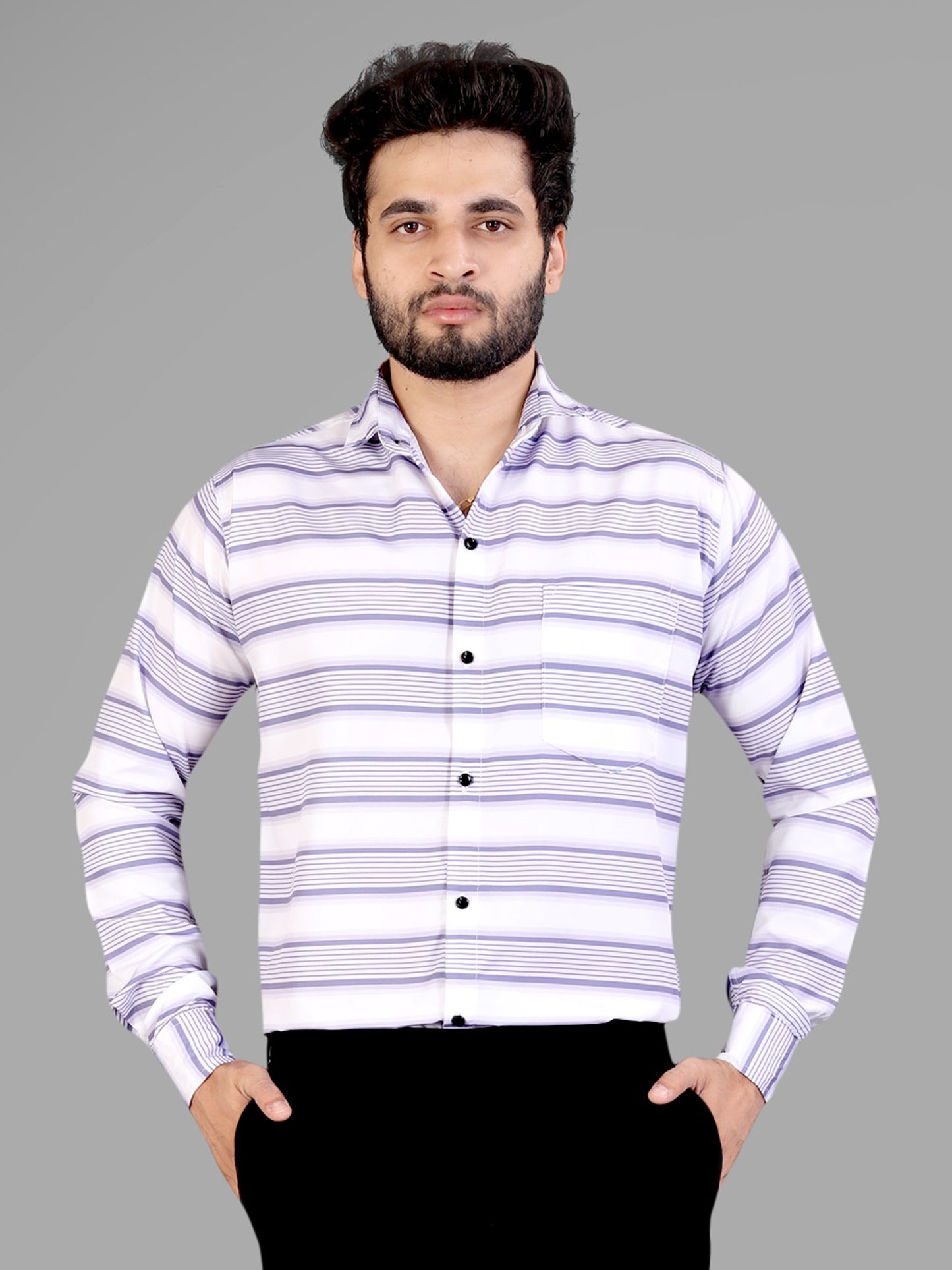 White and Lavender Cotton Blend Lining Print Casual Shirt