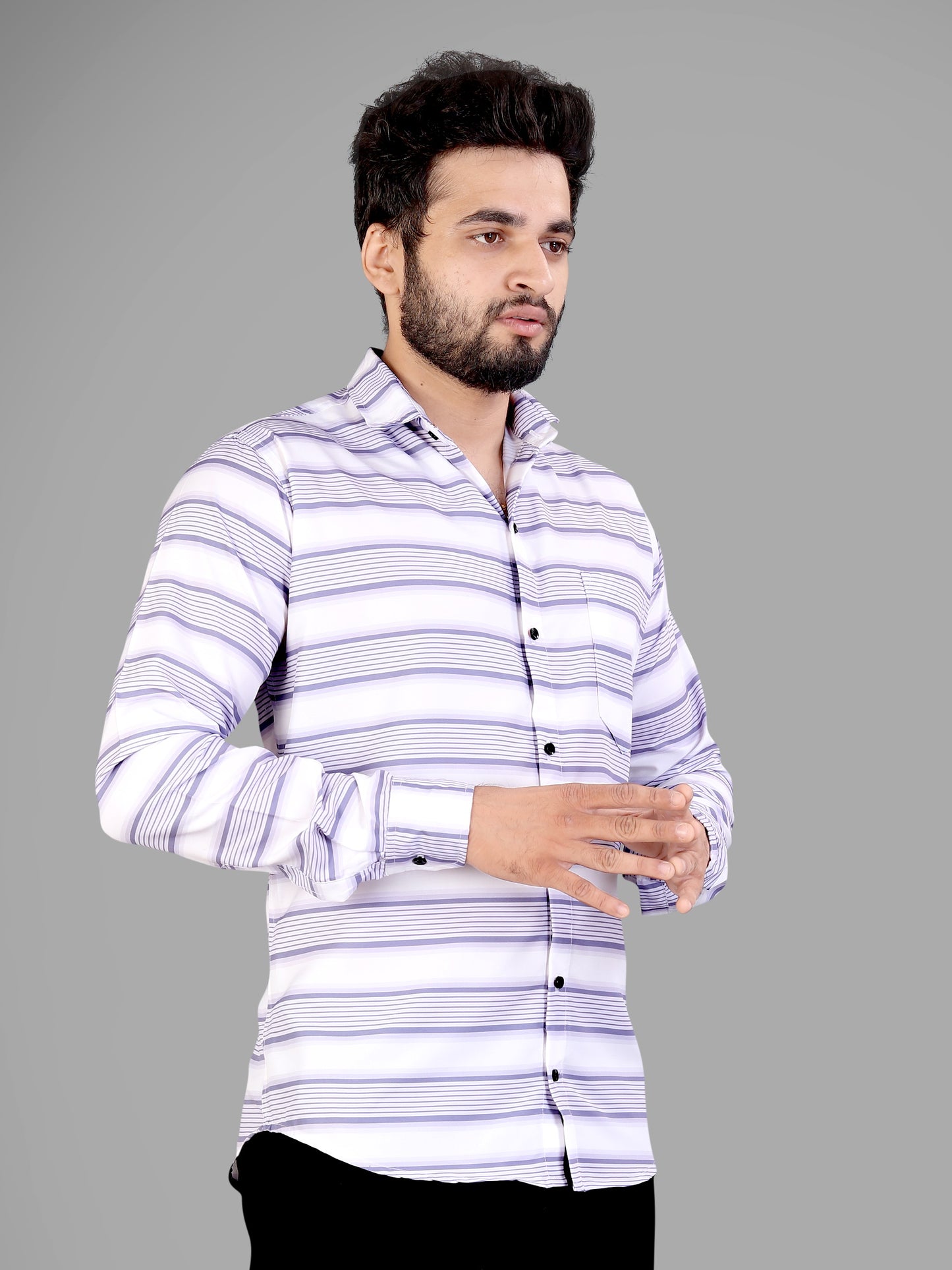 White and Lavender Cotton Blend Lining Print Casual Shirt