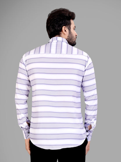 White and Lavender Cotton Blend Lining Print Casual Shirt