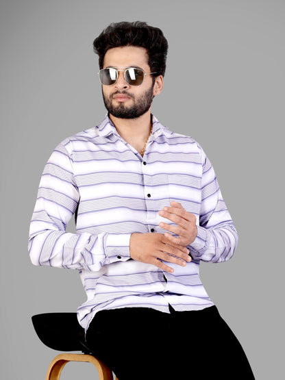 White and Lavender Cotton Blend Lining Print Casual Shirt