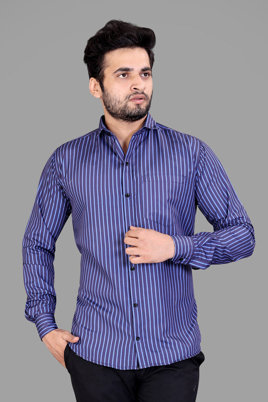 Navy Blue Cotton Blend Lining Print Casual Shirt