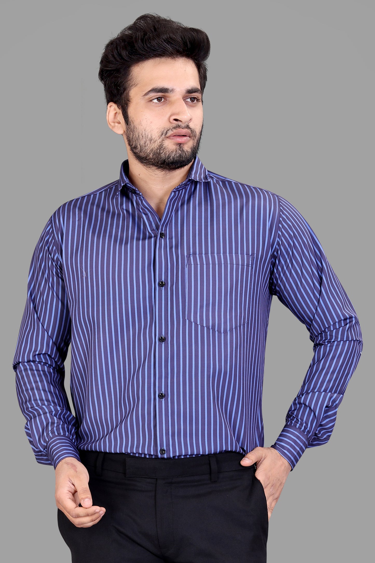 Navy Blue Cotton Blend Lining Print Casual Shirt