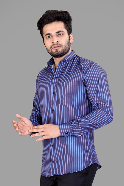 Navy Blue Cotton Blend Lining Print Casual Shirt