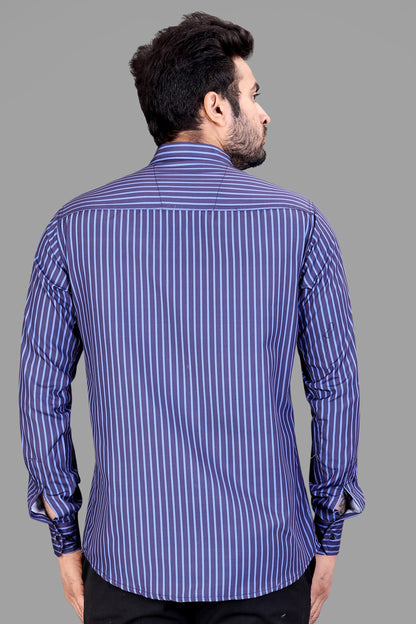 Navy Blue Cotton Blend Lining Print Casual Shirt