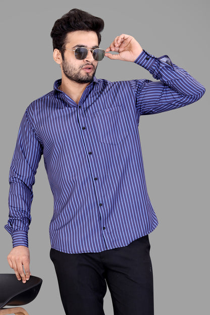 Navy Blue Cotton Blend Lining Print Casual Shirt