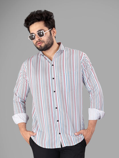 Off-white Cotton Blend Lining Print Casual Shirt