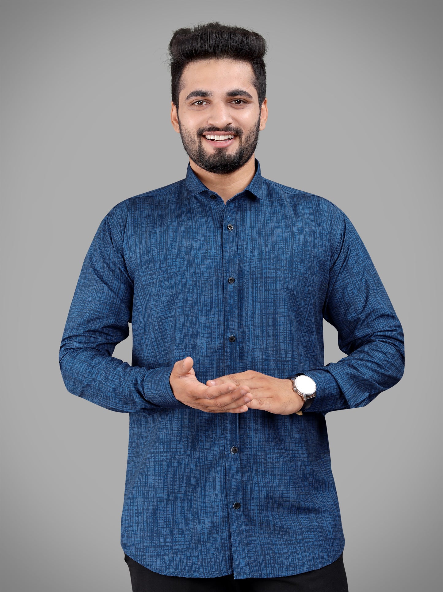 Navy Blue Cotton Blend Digital Printed Casual Shirt