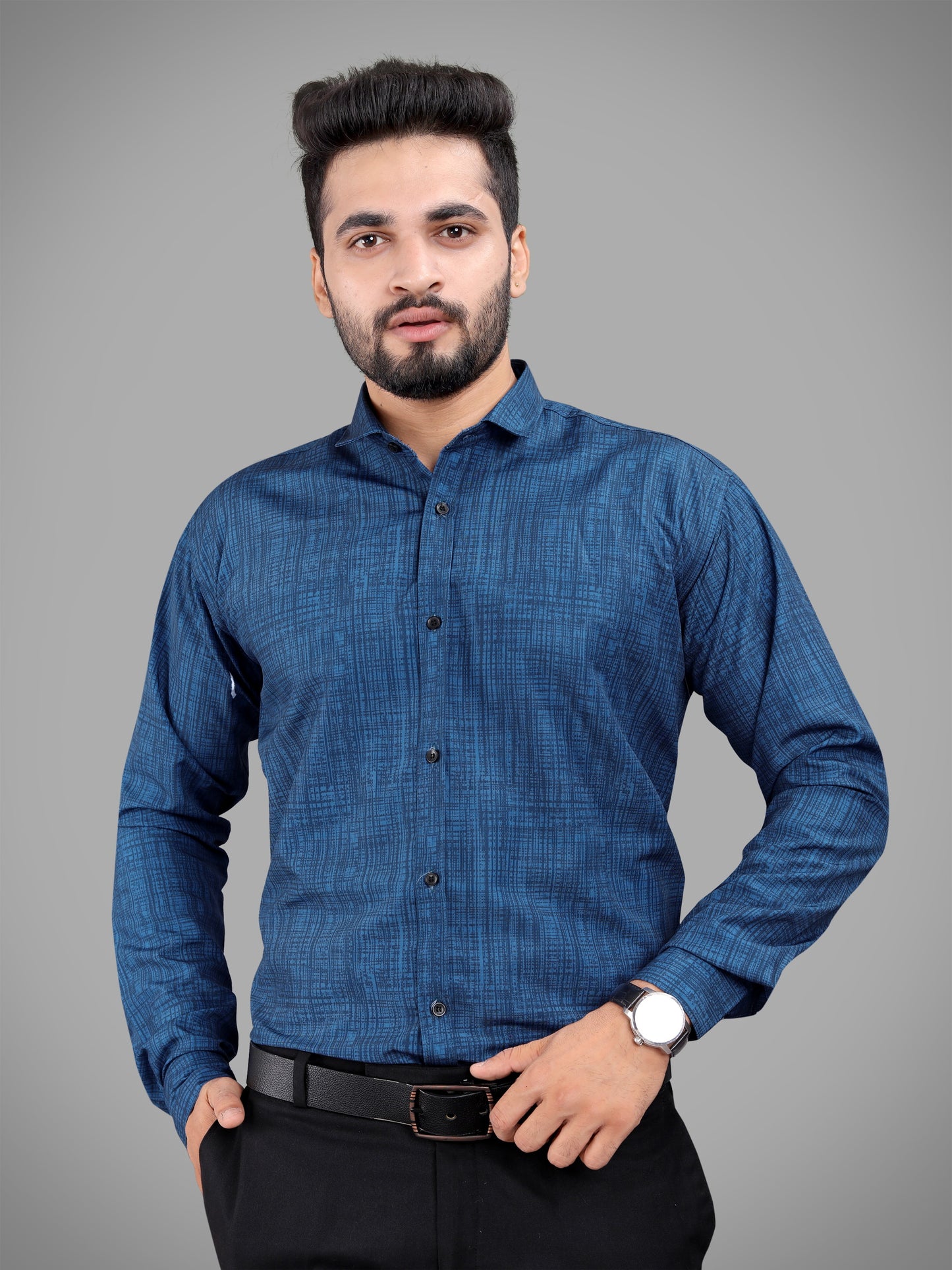 Navy Blue Cotton Blend Digital Printed Casual Shirt