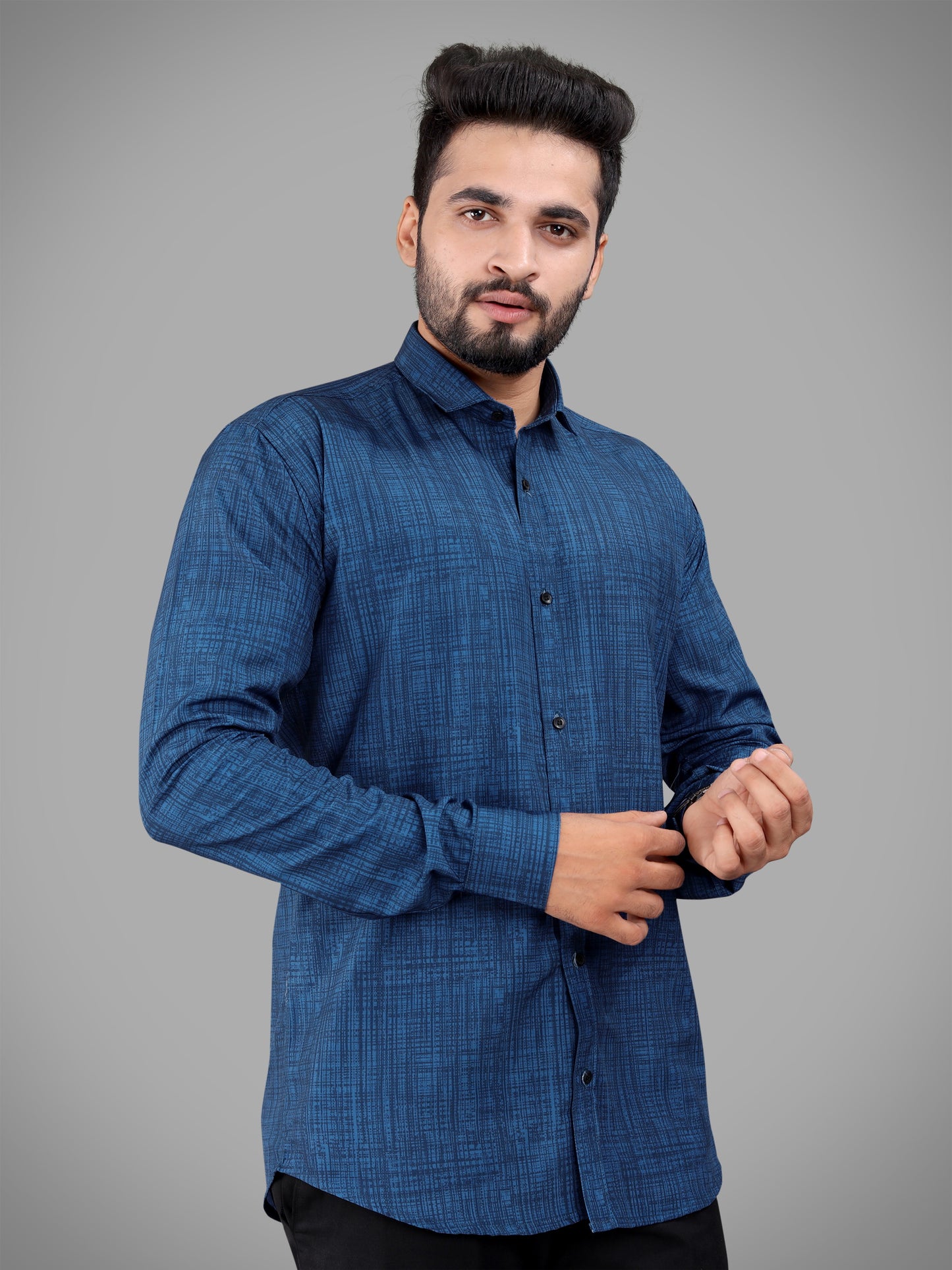 Navy Blue Cotton Blend Digital Printed Casual Shirt