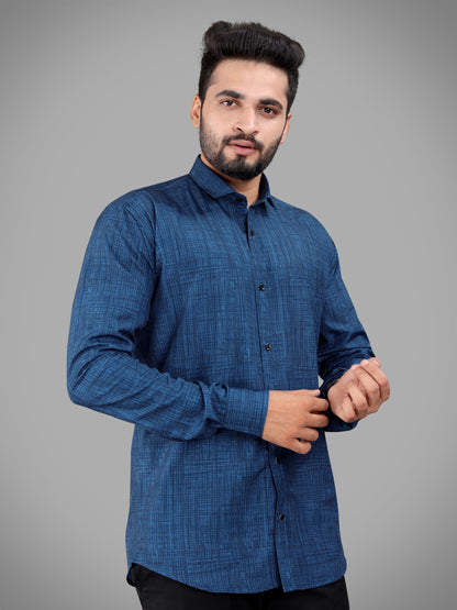 Navy Blue Cotton Blend Digital Printed Casual Shirt