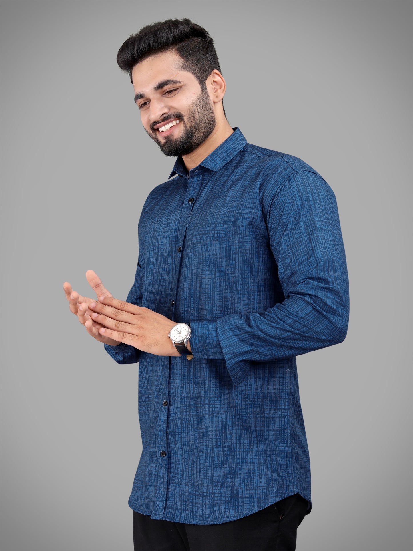 Navy Blue Cotton Blend Digital Printed Casual Shirt