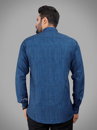 Navy Blue Cotton Blend Digital Printed Casual Shirt