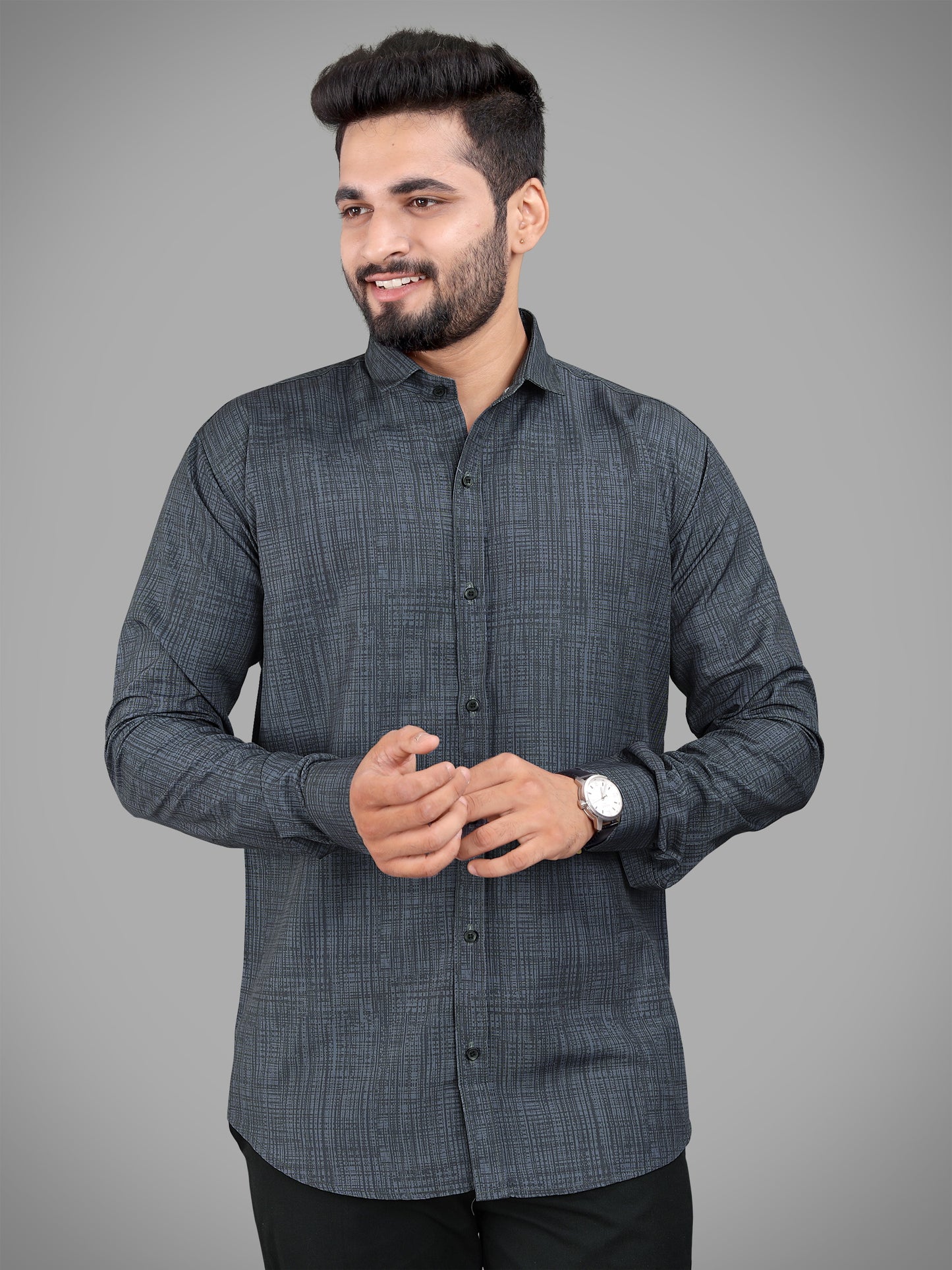 Dark Grey Cotton Blend Digital Printed Casual Shirt