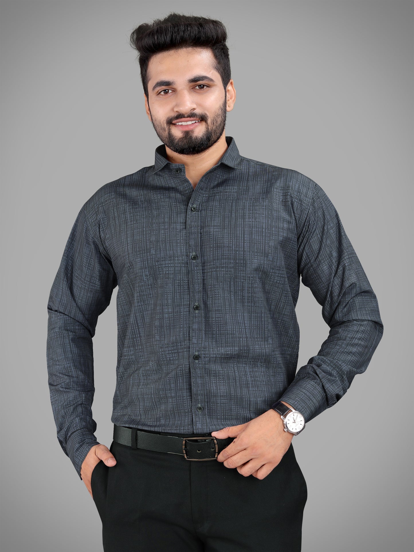 Dark Grey Cotton Blend Digital Printed Casual Shirt