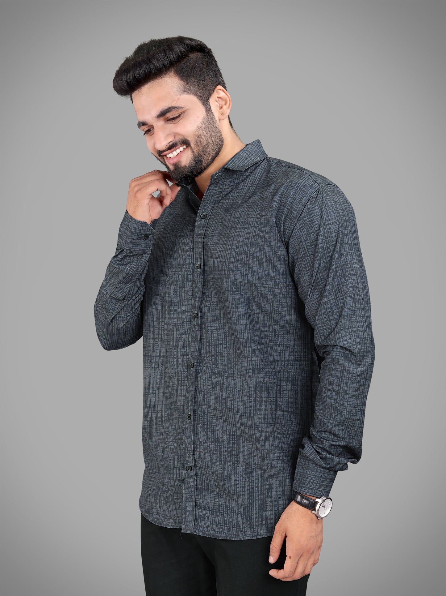 Dark Grey Cotton Blend Digital Printed Casual Shirt