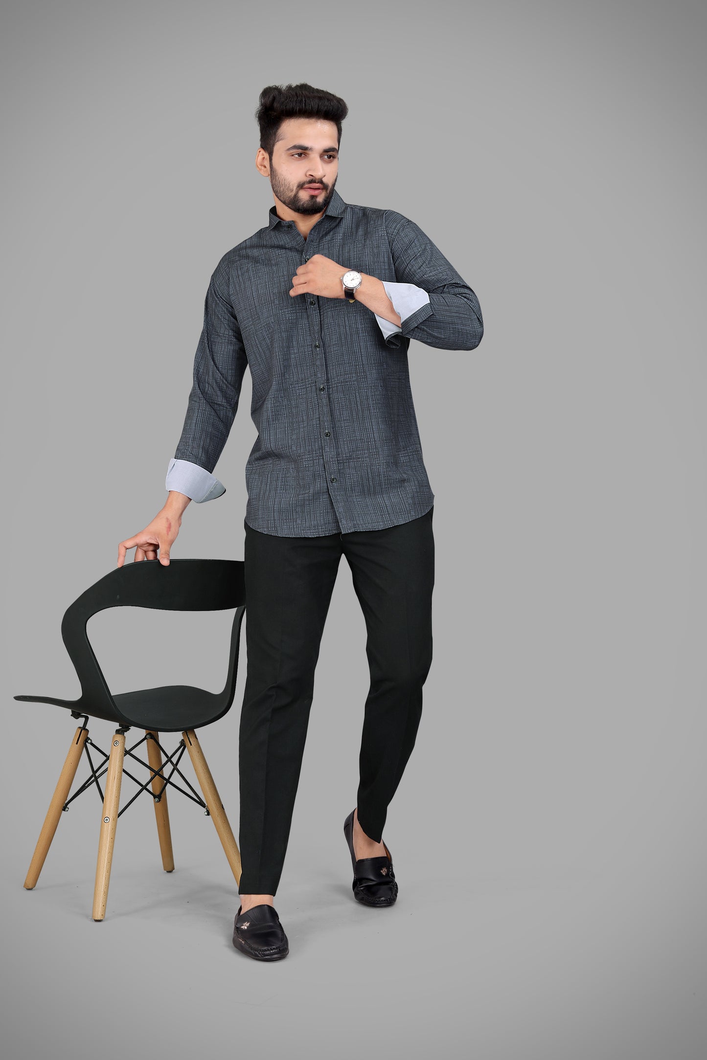 Dark Grey Cotton Blend Digital Printed Casual Shirt