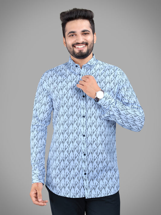 Sky Blue Cotton Blend Digital Printed Casual Shirt