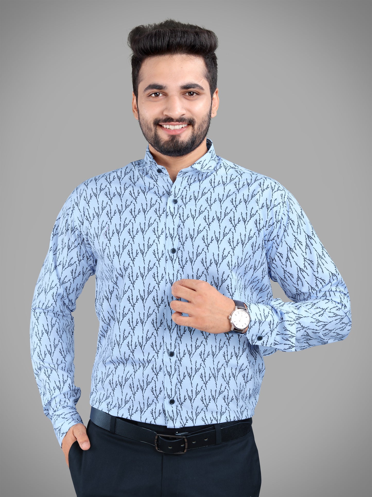 Sky Blue Cotton Blend Digital Printed Casual Shirt