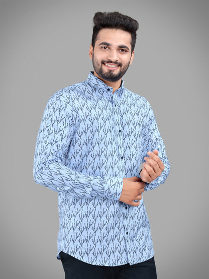 Sky Blue Cotton Blend Digital Printed Casual Shirt