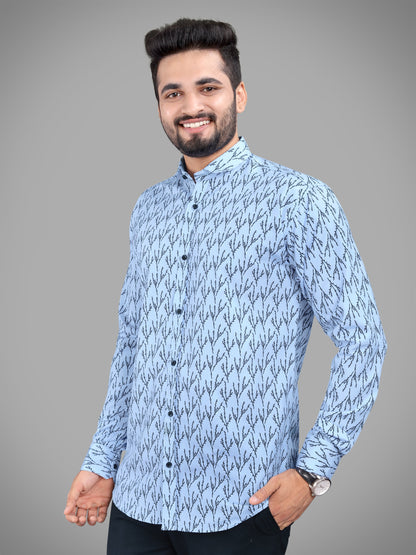 Sky Blue Cotton Blend Digital Printed Casual Shirt