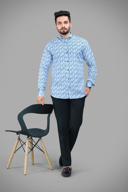 Sky Blue Cotton Blend Digital Printed Casual Shirt