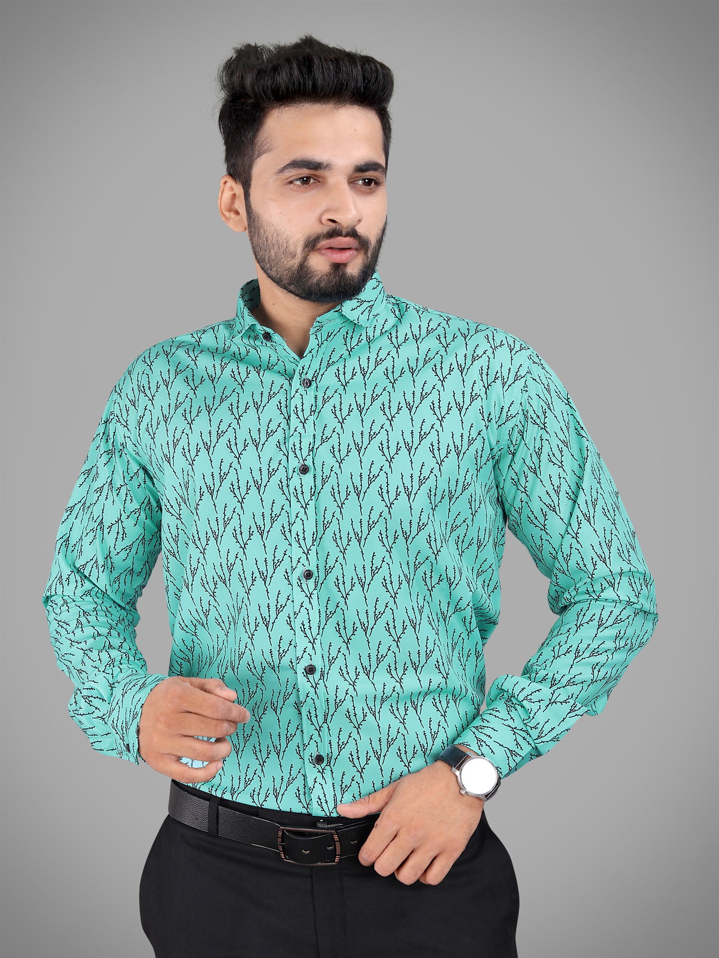 Light Green Cotton Blend Digital Printed Casual Shirt